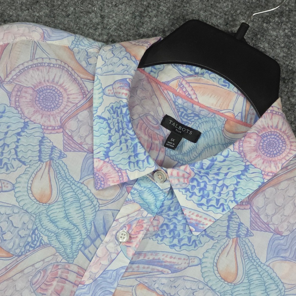 Talbots Women 1X Button Down Shirt Pastel Seashell Print 100% Cotton Long Sleeve